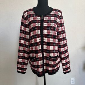 Appleseeds Cardigan Sweater XL Wool Blend Plaid Holiday Christmas Full Zip
